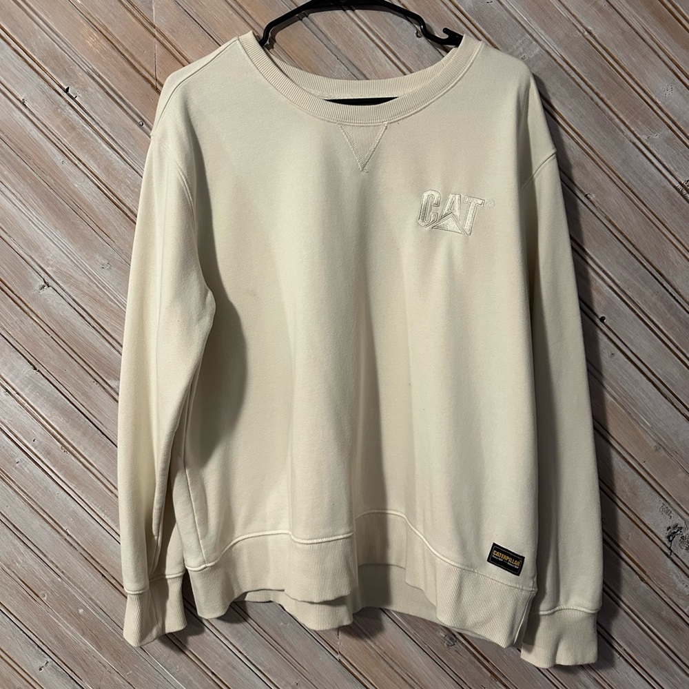 Caterpillar Women's Cream White Crewneck Sweater Pullover Embroidered